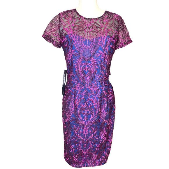 JS Collections Short Sleeve Blue Pink Overlay Metallic Sheath Cocktail Dress - Picture 2 of 12